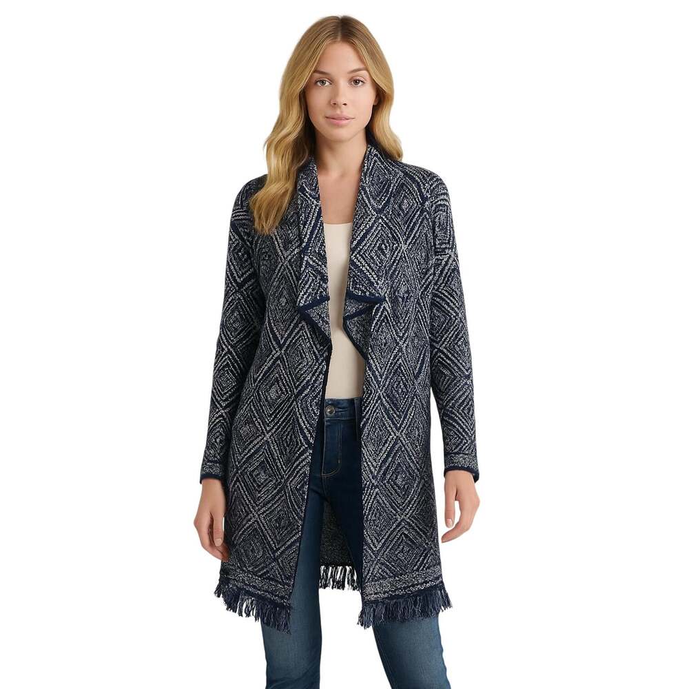Lucky Brand Longline Fringe Duster Cardigan Blue White Geometric Boho Sz XL